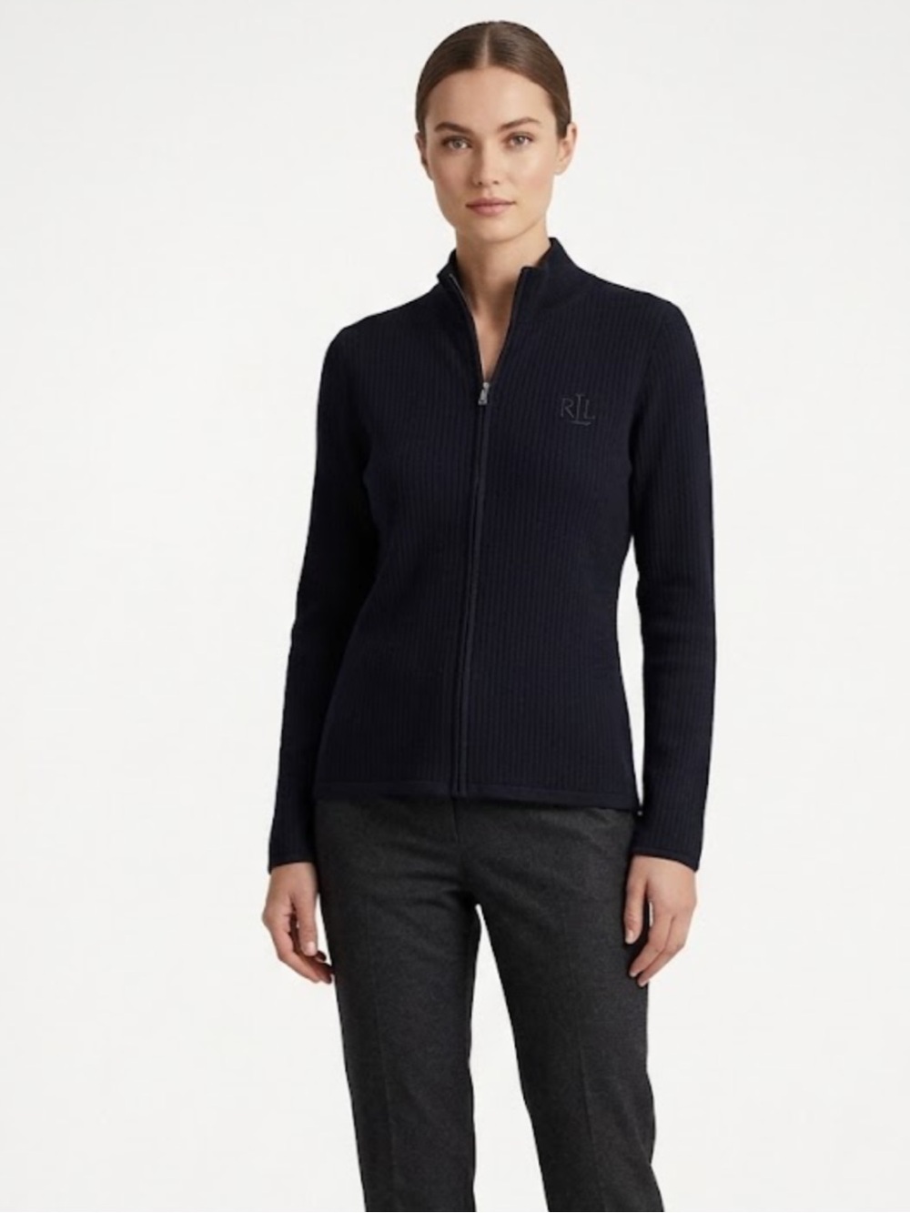 🖤🌿 Lauren Ralph Lauren Ribbed Zip Jacket Black M EUC Minimalist  Preppy Luxury